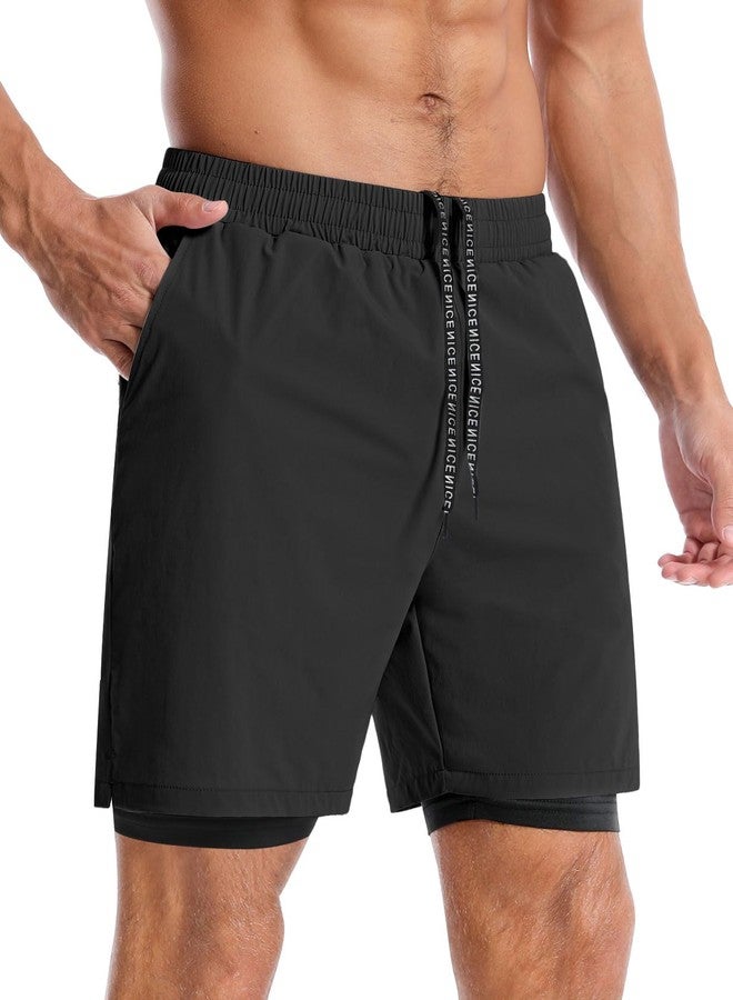 Aolesy Men’s 2 in 1 Running Shorts 7 Inch Quick Dry Workout Gym Shorts with Pockets Tennis Training Athletic Shorts with Liner for Men Black - Image 4